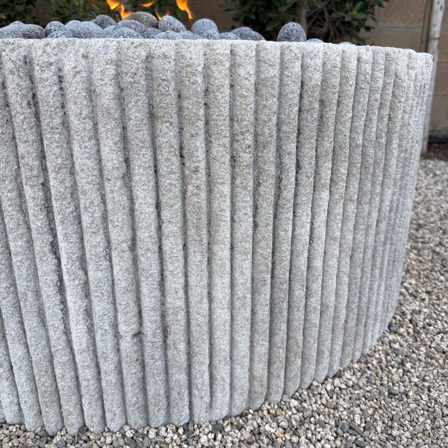 Custom Limestone Texture Fire Pit With Fluted Edges With Fire Pebbles For Sale - Image 11 of 15