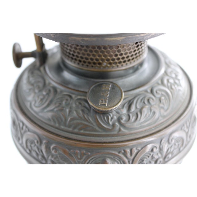 Metal Antique Victorian Bradley & Hubbard (B&h) Brass Banquet Lamp W/ Milk Glass Globe For Sale - Image 7 of 10