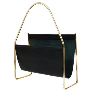 Mid-Century Magazine Rack in Brass and Black Leather by Carl Auböck, 1950s For Sale