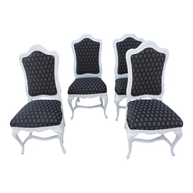 Early 20th Century Set of 4 French Louis XVI Hand Painted Side, Dining Chairs with New Upholstery For Sale