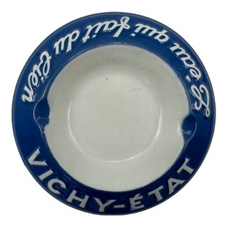 Vintage French Vichy-Etat l'Eau Qui Fait Du Bien Blue & White Ashtray Dish Bowl For Sale