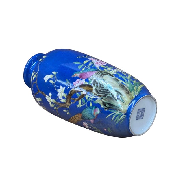 Ceramic 8" Vintage Bright Cobalt Blue Flower Bird Enamel Porcelain Art Vase For Sale - Image 7 of 13