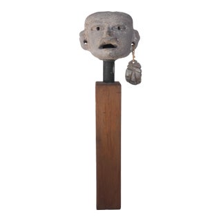 Vintage Mid Century Era Mesoamerican Pre-Columbian Small Pottery Head on Teak Stand For Sale