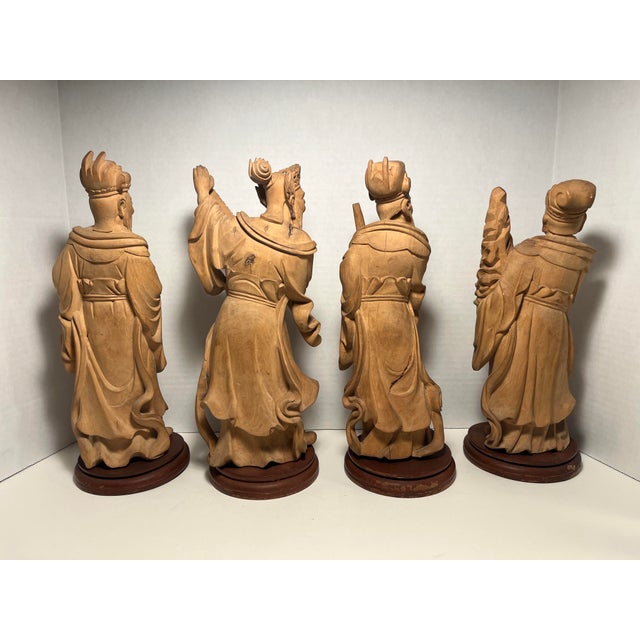 Set of 4 Republic Era Chinese Wood Hand Carved Gods / Immortals Statues Aprox. dimensions: 14"H x 5"W Good vintage...