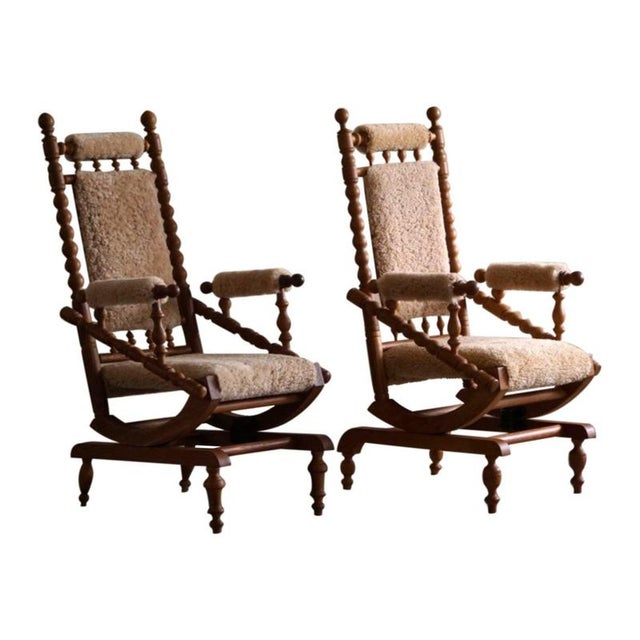 Set of Danish Modern Brutalist Sculptural Rocking Chairs in Lambswool and Oak, 1950s For Sale - Image 16 of 16