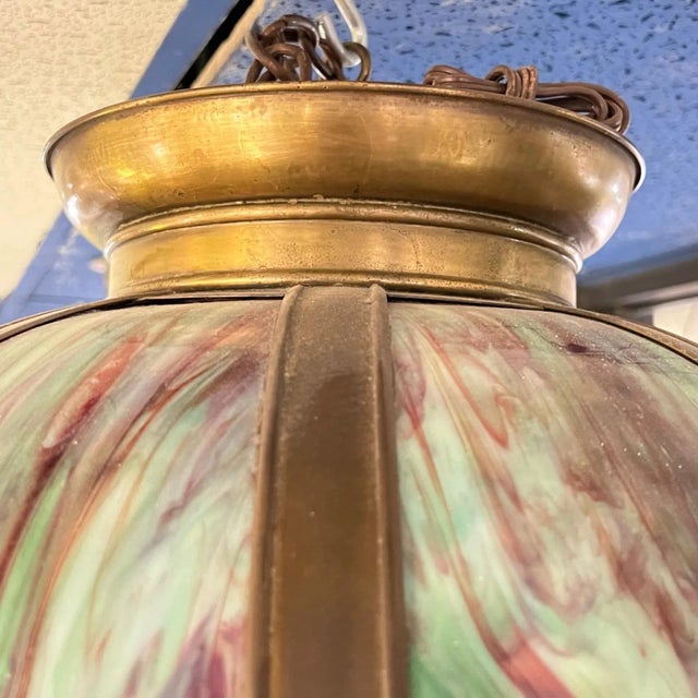 Bronze Vintage Arts and Crafts Style Slag Glass Hanging Lamp For Sale - Image 8 of 12