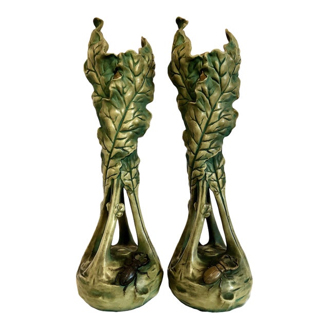 Pair of Art Nouveau Leafy “Beetle” Vases by Bernhard Bloch For Sale