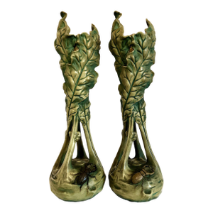 Pair of Art Nouveau Leafy “Beetle” Vases by Bernhard Bloch