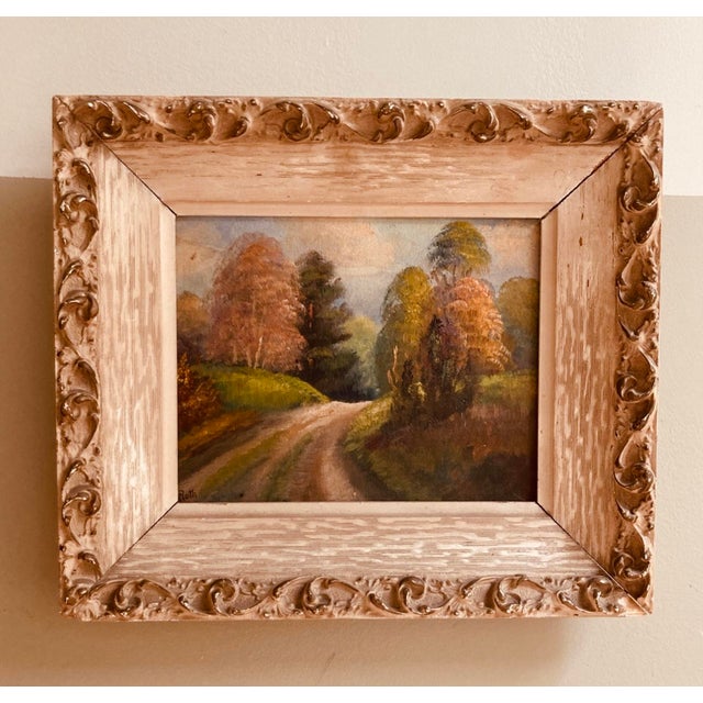 Wood Vintage Oil Painting Autumn Landscape Giltwood Carved Frame Mid-Century For Sale - Image 7 of 18