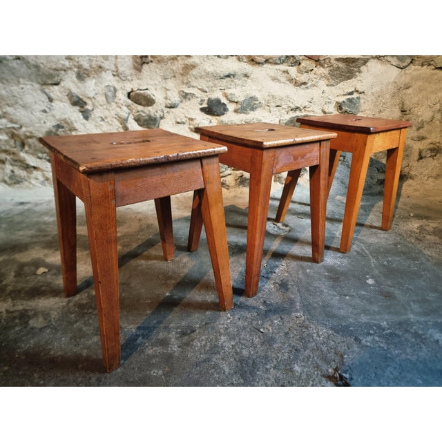 Vintage French Wooden Stools, 1950s, Set of 3 For Sale - Image 4 of 15