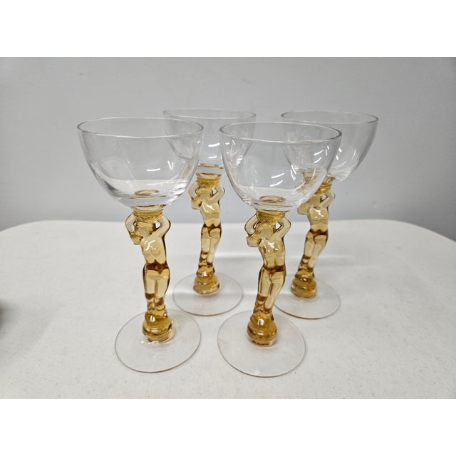 Art Deco Early 20th Century Cambridge Glass Company Amber Nude Cocktail Glasses -Set of Four For Sale - Image 3 of 11