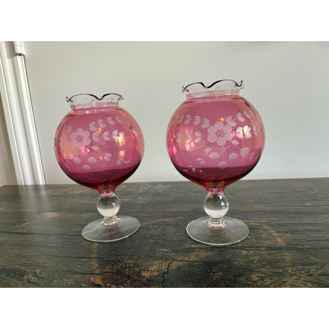Vintage Cranberry Etched Vase For Sale - Image 4 of 6