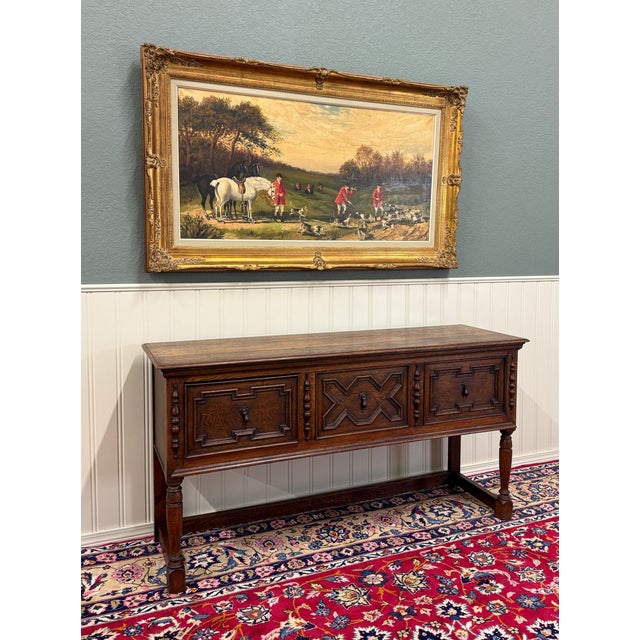 Wood Antique English Jacobean Console Buffet Sideboard Sofa Table Oak c.1930s For Sale - Image 7 of 17