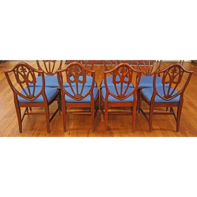 1990s Set of 8 Regency Style Solid Mahogany Fleur-De-Lis Blue Fabric Dining Chairs For Sale In New York - Image 6 of 18