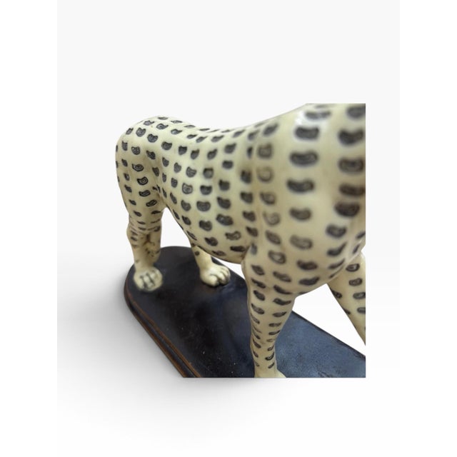 Grand Tour Vintage Hand-Painted Ceramic Leopard Sculpture on Wood Base Cheetah Cat For Sale - Image 3 of 6