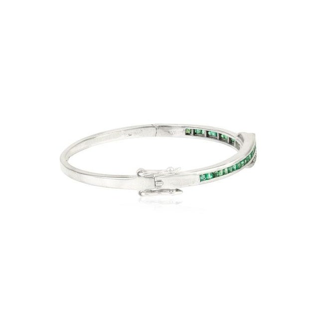Metal Vintage Style Emerald and Diamond Sterling Silver Bangle Bracelet For Sale - Image 7 of 11