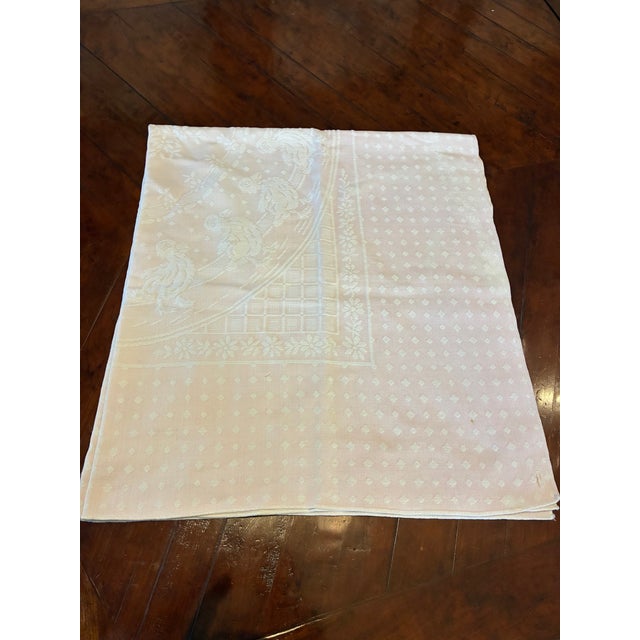 Traditional Easter /Spring Square Cotton Pink and White Tablecloth With a Design of Ducks, Daisies, Dots and Squares For Sale - Image 3 of 5