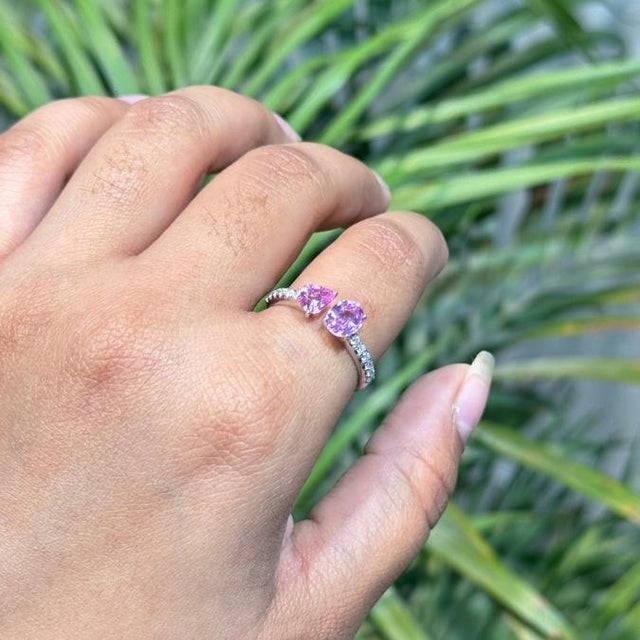 Toi Et Moi Pink Sapphire & Pave Diamond Open Bypass Ring 1.3ct in 14k Gold Size 6 For Sale - Image 9 of 16