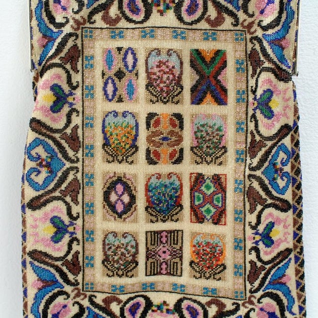 Tan Antique Micro Rug / Tapestry Pattern Beaded Bag With an Enameled Marcasite Frame For Sale - Image 8 of 12