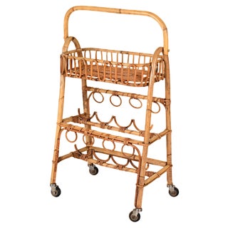 Mid-Century Bamboo and Rattan Service Service Table with Bottle Holder, 1960s For Sale