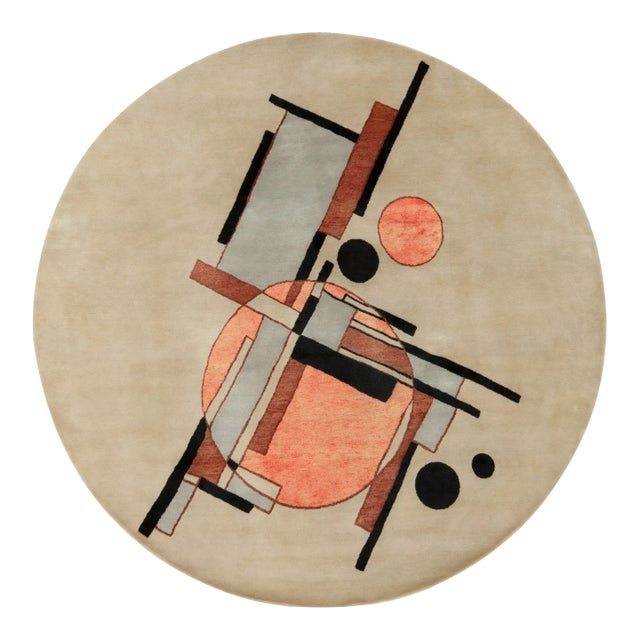 Suprematist Style Deco Circle Rug in Beige-Brown, Black & Orange by Rug & Kilim For Sale