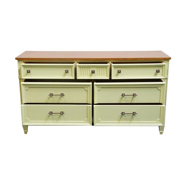 Late 20th Century Bassett Furniture Ticino Collection Cream Painted 57" Double Dresser W. Solid Cherry Top 238-96-237 For Sale - Image 5 of 13