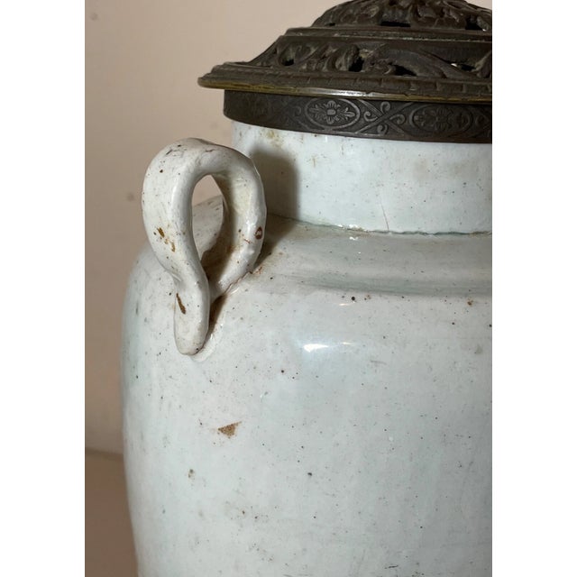 Rare Antique Ming Dynasty Chinese White Glazed Stoneware Pottery Vase Table Lamp For Sale - Image 14 of 16