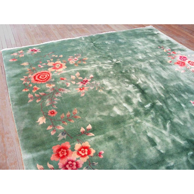 Art Deco 1920s Green Floral Hand Knotted Antique Chinese Art Deco Rug 7'9" X 9'6" Wool Carpet For Sale - Image 3 of 5