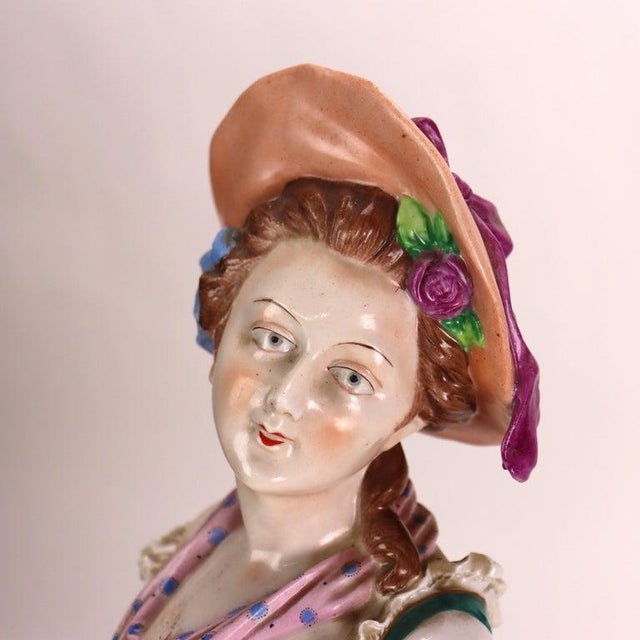 Pair Oversized Antique German Majolica Porcelain Figures of a Maiden & Lad C1920 For Sale - Image 13 of 16