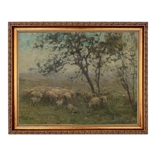 Flock of Sheep Landscape Print on Canvas in Thin Gold Frame- an 11" X 14" Print, Framed to 13" X 16" For Sale