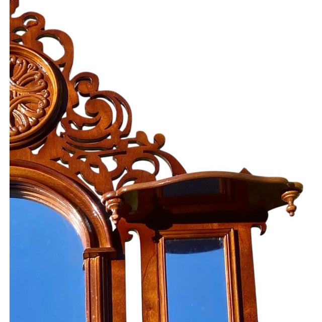 1990s Pierced Carved Wood Multi Shelf Wall with Central Arched Mirror For Sale - Image 4 of 16