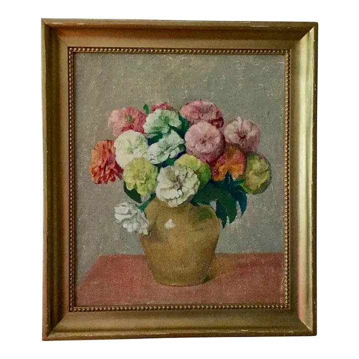 1930's Botanical Floral Still Life Zinnia Flowers in a Vase Oil ...