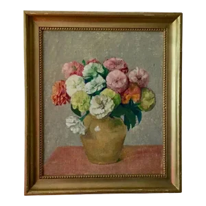 1930's Botanical Floral Still Life Zinnia Flowers in a Vase Oil Painting on Canvas