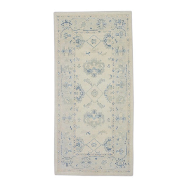 Textile Early 21st Century Cream & Blue Floral Design Handwoven Wool Turkish Oushak Runner 4'10" X 9'8" For Sale - Image 7 of 7