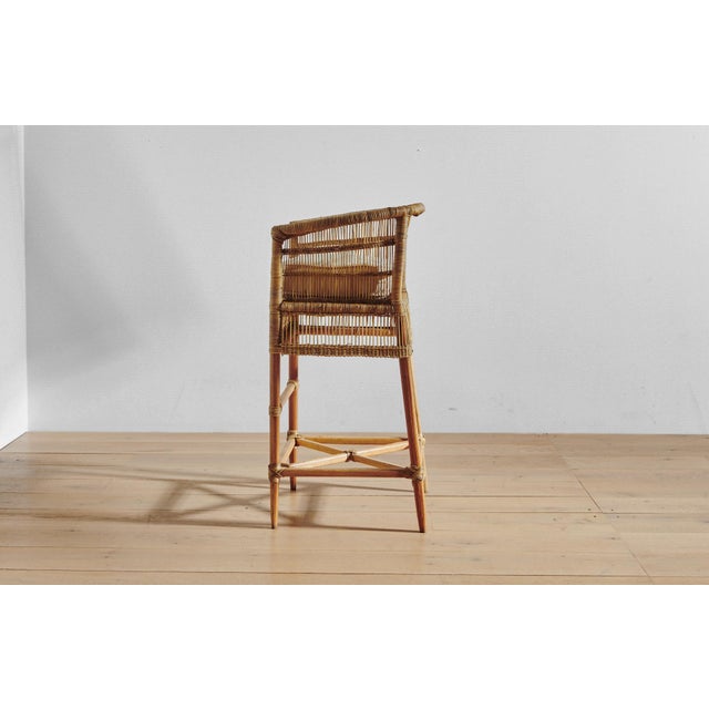 Contemporary Handwoven Malawi Cane Bar Stool in Traditional Weave With White Linen Cushion For Sale - Image 3 of 7
