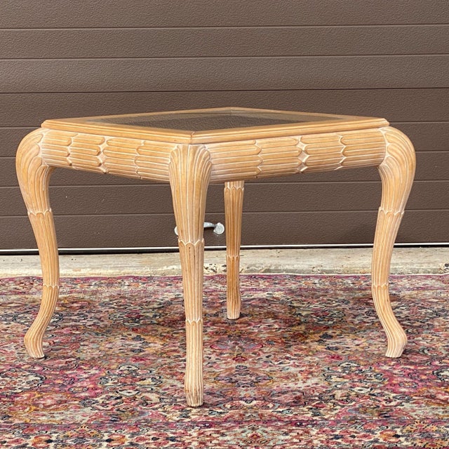 Vintage Hollywood Regency carved cerused maple palm frond side table. Unmarked but attributed to Casa Stradivari based on...