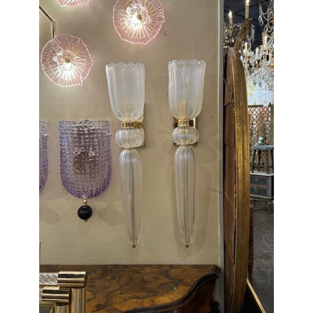 Metal Pair of Opalescent Murano Glass Cone Form Sconces For Sale - Image 7 of 7