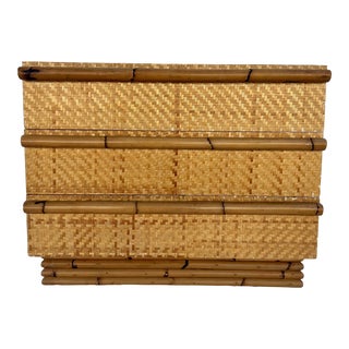 Vintage Mid-Century Modern Hollywood Regency / Chinoiserie Bamboo Parquetry Low Chest of Drawers in the Style of Ficks Reed For Sale