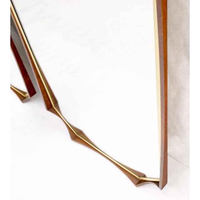 Wood Oiled Walnut Frames Gold Trim Elongated Octagon Shape Wall Mirrors - A Pair For Sale - Image 7 of 10