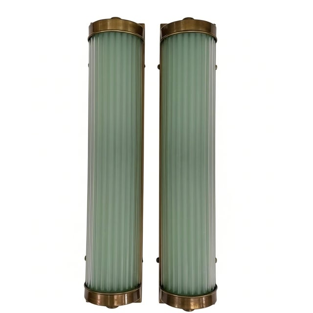 Vintage Art Deco Light Old Lamp Wall Sconces Fixture Brass & Green Glass Rod Ship Light - Pair For Sale - Image 4 of 5