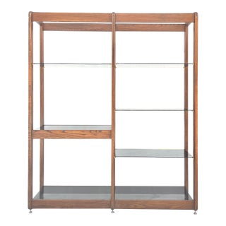 Vintage Wood Bookcase or Étagère With Smoked Glass Shelves For Sale