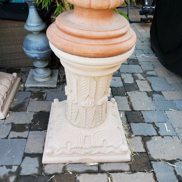 Pair of Large Terracotta Italian Urns "Ref Impruneta " on Carved Jodhpur Sandstone Pedestals For Sale In San Diego - Image 6 of 13