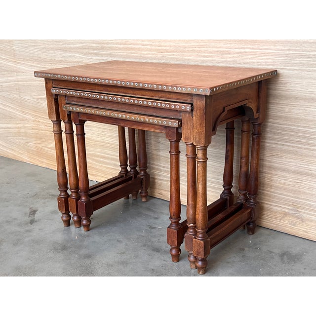 Set of Three Spanish Walnut Nesting Tables With Copper Top For Sale - Image 4 of 8