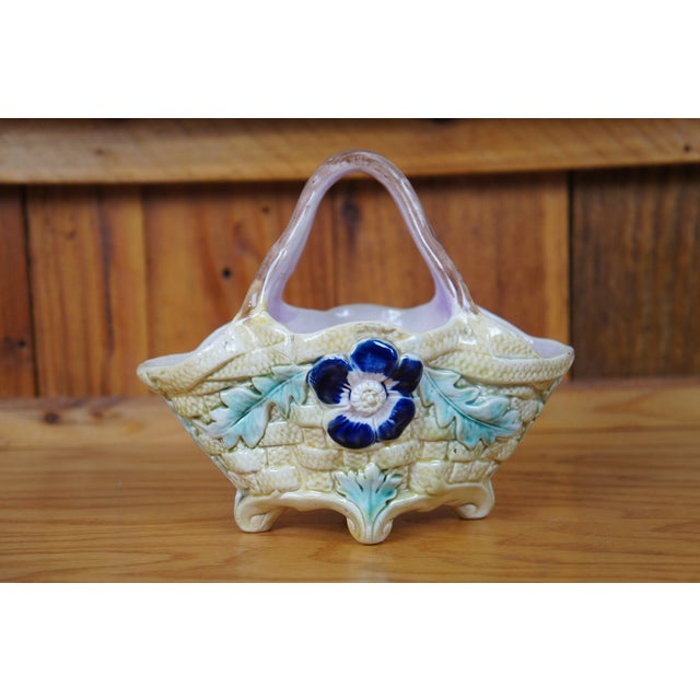 Antique Victorian Majolica Handled Footed Flower Basket Planter Compote For Sale - Image 6 of 12