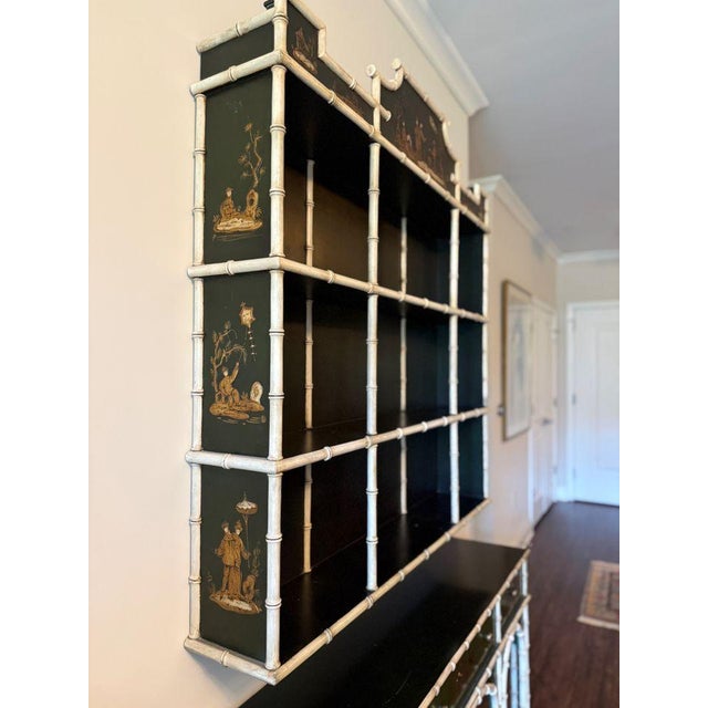 Two Piece English Chinoiserie Wall Shelf and Console This unique piece features a hanging wall shelf with 9 display...