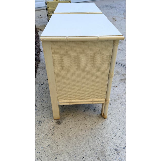 Light Yellow Pair of Faux Bamboo Woven Rattan Nightstands For Sale - Image 8 of 12