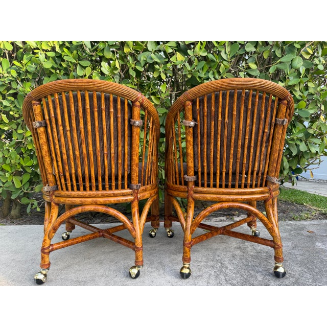 Vintage Burnt Bamboo Rattan & Cane Lounge Chairs on Casters, a Pair For Sale In Naples, FL - Image 6 of 12