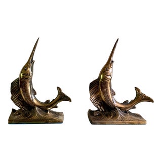 Vintage Mid-Century Brass Swordfish Fish Bookends - a Pair For Sale
