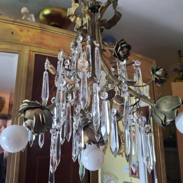 1940's Hollywood Regency Gilt & Verdigris Bronze, Crystal & Tole Floral Pendant/ Chandelier For Sale - Image 10 of 18