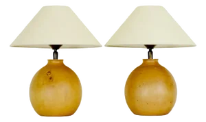 Round Pine Wood Table Lamps, 1970s, Set of 2